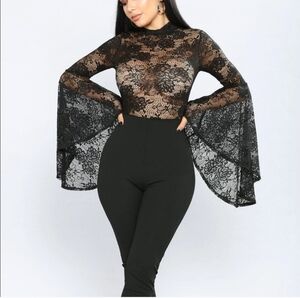 Fashion Nova Black Lace Bodysuit with Bell Sleeves